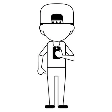 Man using smartphone avatar cartoon in black and white Stock Illustration