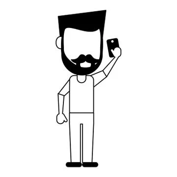 Man using smartphone avatar cartoon in black and white 스톡 일러스트