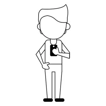 Man using smartphone avatar cartoon in black and white Stock Illustration