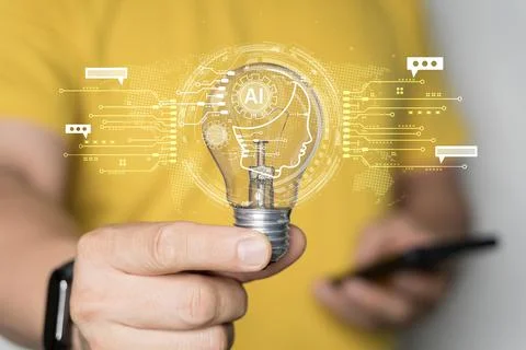 Man using smartphone chatting with an intelligent artificial intelligence a.. Foto stock