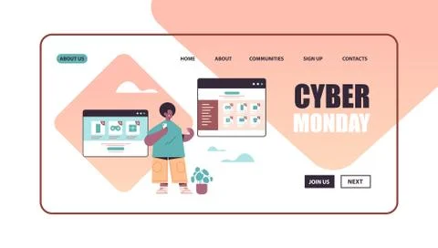 Man using smartphone choosing goods in web browser window online shopping cyber Stock-Illustration