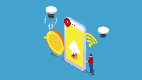 A man using a smartphone to control a fire alarm system 3d animation cartoon Stock Footage 302529510