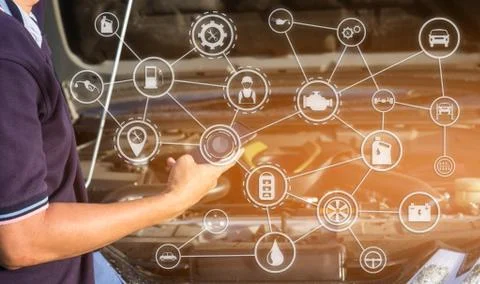 Man using smartphone on engine background with car service icons. car service Stock Photos