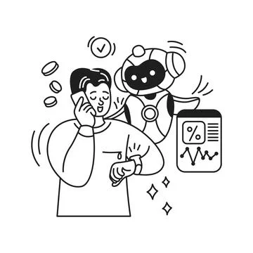 Man Using Smartphone with Friendly Robot Stock Illustration