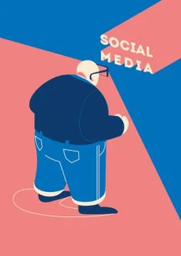 Man using smartphone as a glasses to view blog feed in social media. Stock Illustration