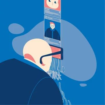 Man using smartphone as a glasses to view blog feed in social media. Stock-Illustration