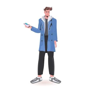 Man using smartphone guy model in trendy clothes male cartoon character standing Stock Illustration