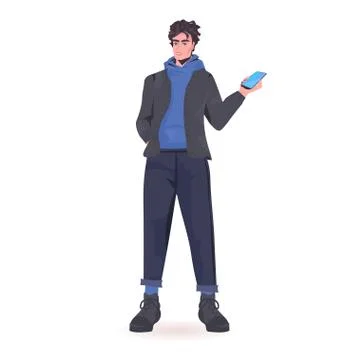 Man using smartphone guy model in trendy clothes male cartoon character standing Stock Illustration