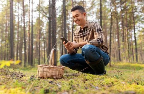 Man using smartphone to identify mushroom Stock Photos