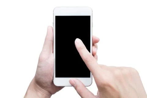 Man using a smartphone on isolated white background. Stock Photos