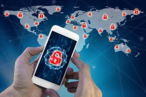 Man using smartphone with lock networking virtual screen of global network se Stock Photos