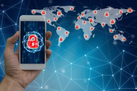 Man using smartphone with lock networking virtual screen of global network se Stock Photos