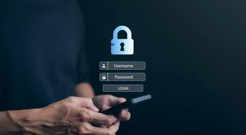 Man using a smartphone to log in with username and password. Cybersecurity. Stock Photos