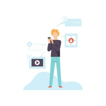 Man Using Smartphone with Mobile Phone Applications, Modern Technologies 스톡 일러스트