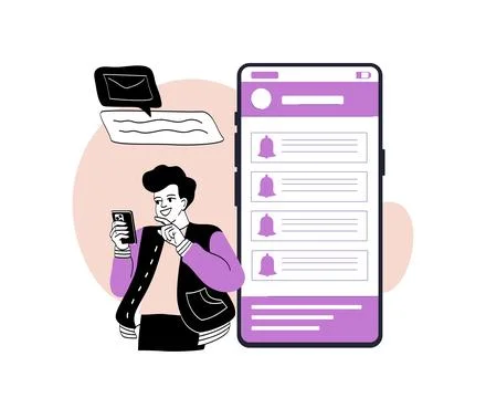 Man using smartphone with notification messages on screen. Stock Illustration