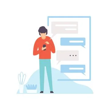 Man Using Smartphone or Mobile Phone with Chat or Messenger Application, Modern 스톡 일러스트