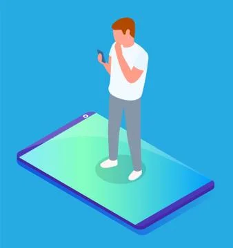 Man using smartphone standing at screen display of isometric 3d mobile phone Stock Illustration
