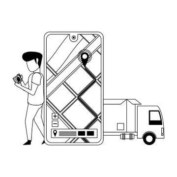 Man using smartphone technology cartoon in black and white Illustrazione stock