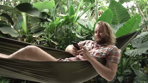 Man using smartphone while sitting on hammock, exotic background Stock Footage 84818577
