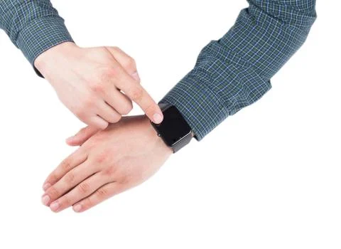 Man using smartwatch isolated on white background Stock Photos