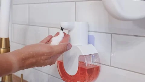 A man using a soap dispenser on kitchen Stock Footage 318463585