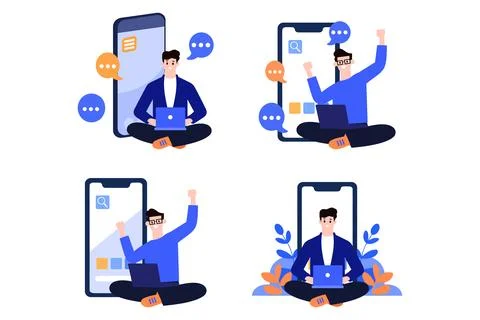 A man using social media in flat style collection Stock Illustration