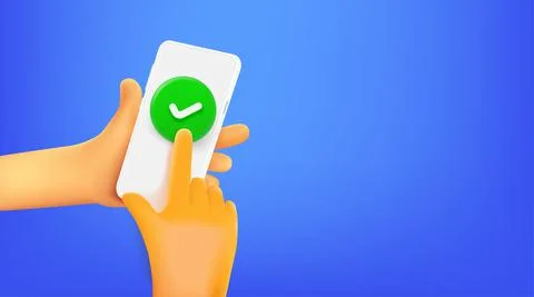 Man using social mobile phone, pressing check button. 3d vector banner with c Illustrazione stock