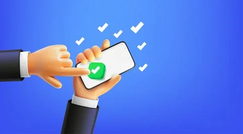 Man using social mobile phone, pressing check button. 3d vector banner with.. Illustrazione stock