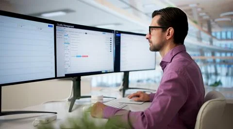 Man Using Software On Desktop To Track Quality Assurance Actions Efficiently. 스톡 사진