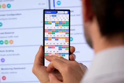 Man Using Software Tool On Computer To Manage Project Schedule Efficiently. Fotos de archivo