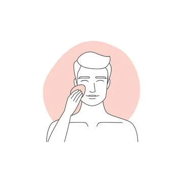 Man using sponge to apply cream foundation on face and tone skin, line icon Stock Illustration