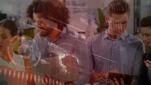 Man using tablet and projecting 3D globe, team joining and comparing laptop Stock Footage 331227645