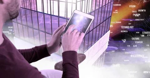 Man using tablet and Tall buildings with connections background Stock Photos