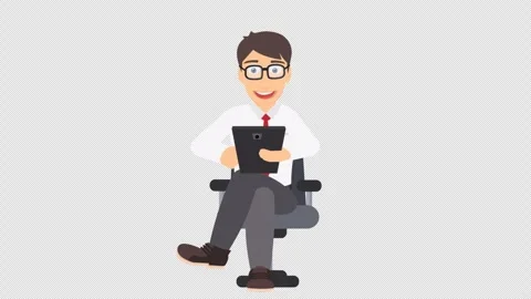 Man using a tablet. Animation consultant sitting in an armchair. Cartoon Stock Footage 266123037