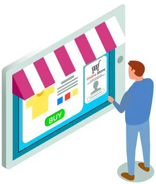 Man is using tablet with app for buying and ordering clothes. Male character is Stock Illustration