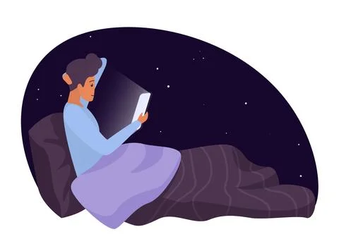 Man using tablet in bed at night concept illustration Stock Illustration