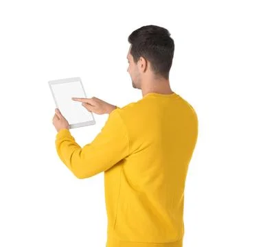 Man using tablet with blank screen on white background Stock Photos
