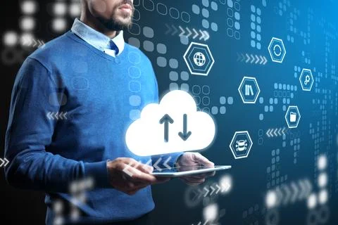 Man using tablet for cloud data exchange in digital environment with variou.. Stock Photos