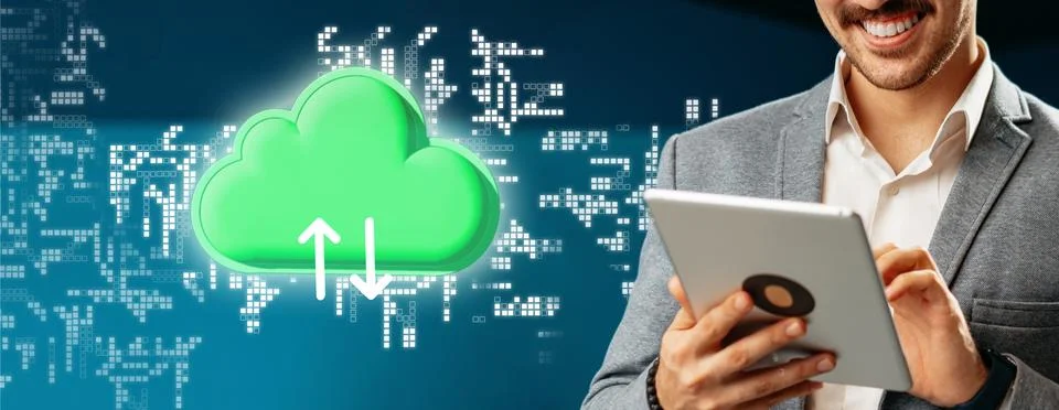 Man using tablet with cloud symbol and digital data in background at an off.. Foto stock