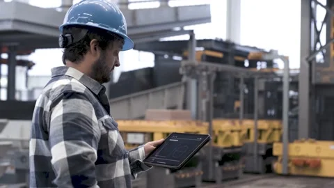Man using a tablet computer in an industrial hall Stock Footage 149294783