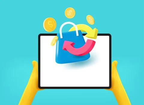 Man using tablet computer for online shopping. Cash back concept. 3d vector 스톡 일러스트