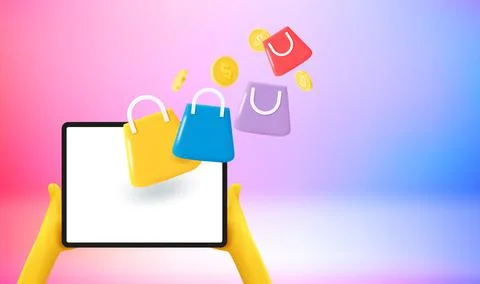 Man using tablet computer for online shopping. 3d vector banner with copy spa 스톡 일러스트