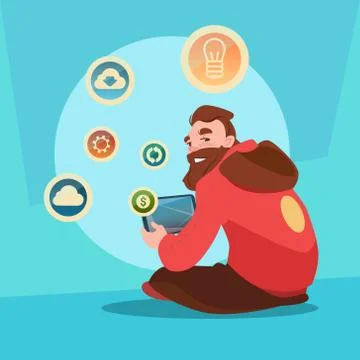 Man Using Tablet Computer Send Message Internet Texting Chat Communication Flat Illustrazione stock