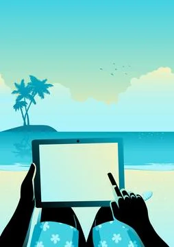 Man using tablet computer on tropical beach イラスト素材