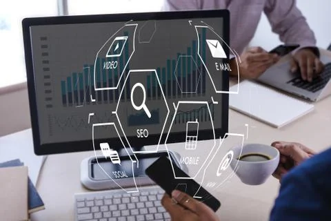 Man using  tablet computer  virtual interface graphic icons network diagram D Foto stock