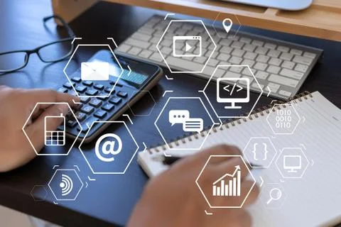 Man using  tablet computer  virtual interface graphic icons network diagram D Stock Photos