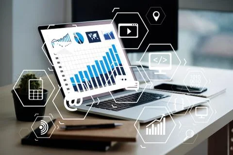 Man using  tablet computer  virtual interface graphic icons network diagram D Foto stock