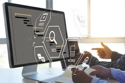 Man using  tablet computer  virtual interface graphic icons network diagram D Stock Photos