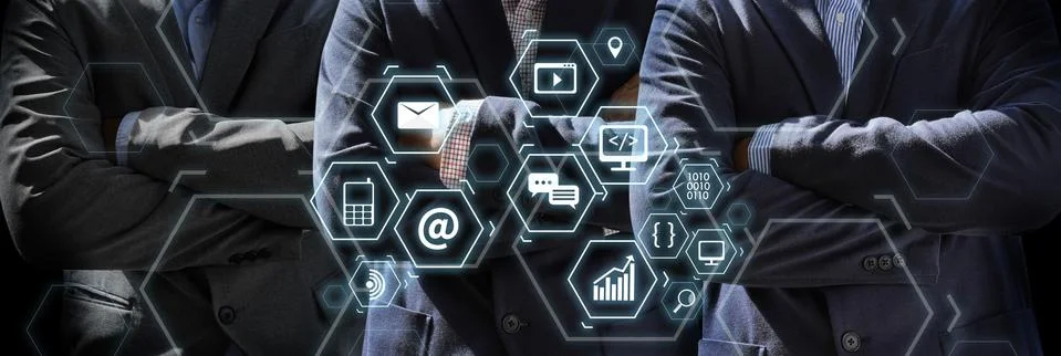 Man using  tablet computer  virtual interface graphic icons network diagram D Stock Photos