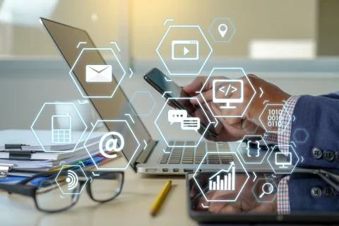 Man using  tablet computer  virtual interface graphic icons network diagram D Stock Photos